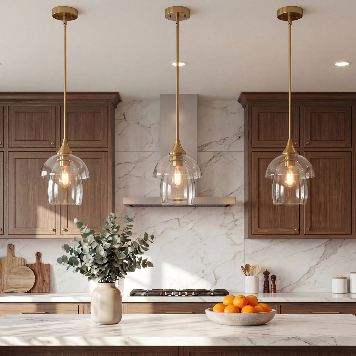Gold Pendant Light with Tiered Clear Glass Shade, Adjustable Height