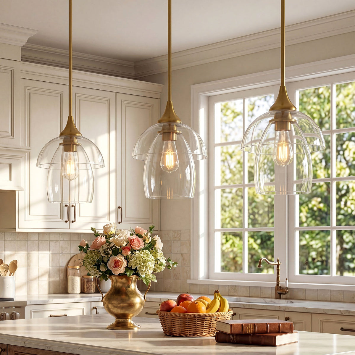 Three gold pendant lights with tiered clear glass shades hang over a kitchen island