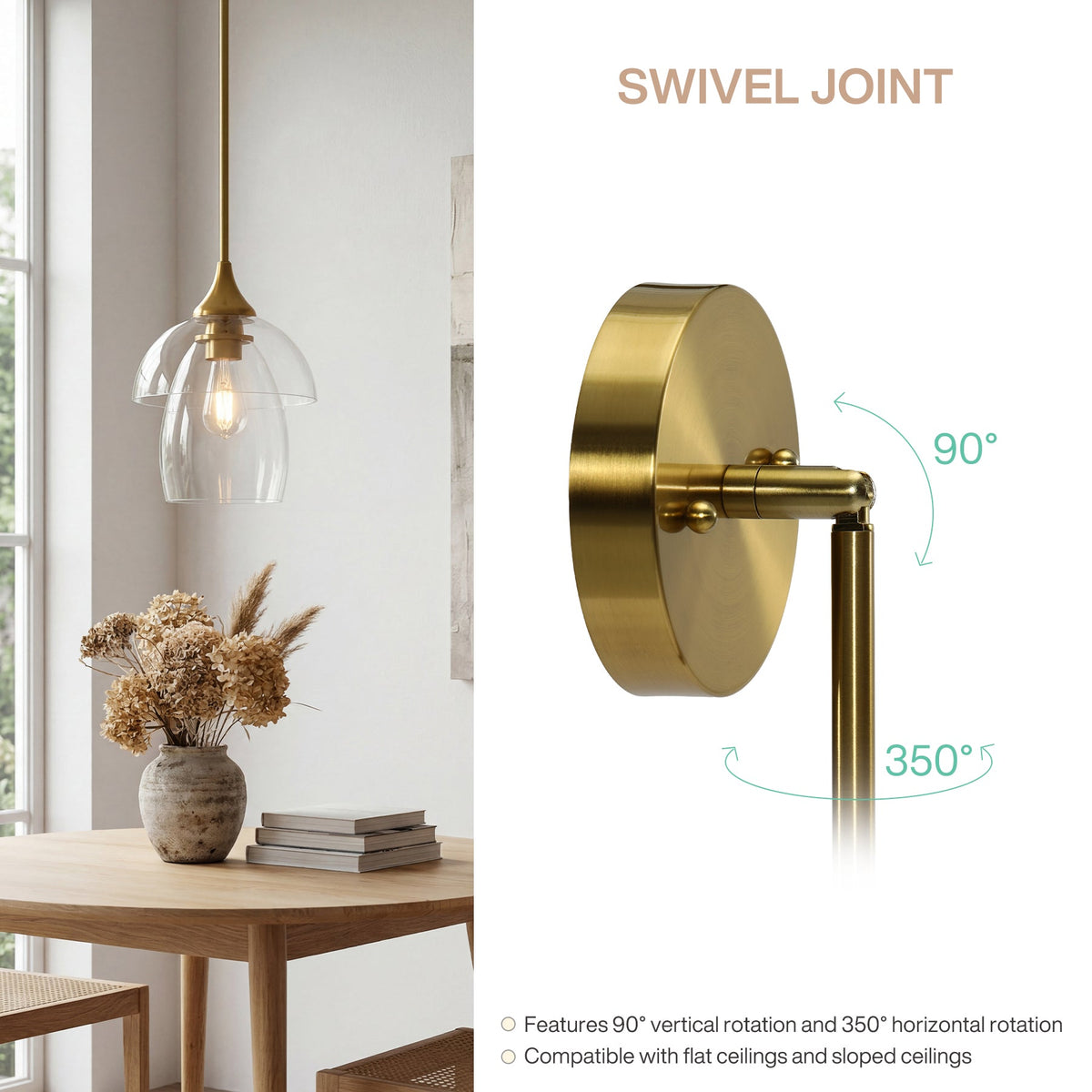 Gold pendant light with clear glass shade hanging over a wooden table near window