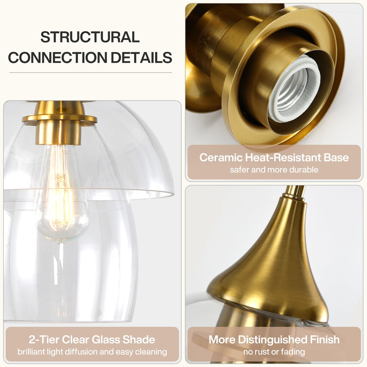 Close-up of gold pendant light's ceramic base and tiered clear glass shade