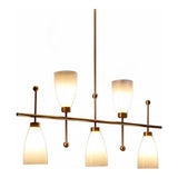 Five-light brushed brass chandelier with gradient frosted glass shades, shown from front angle