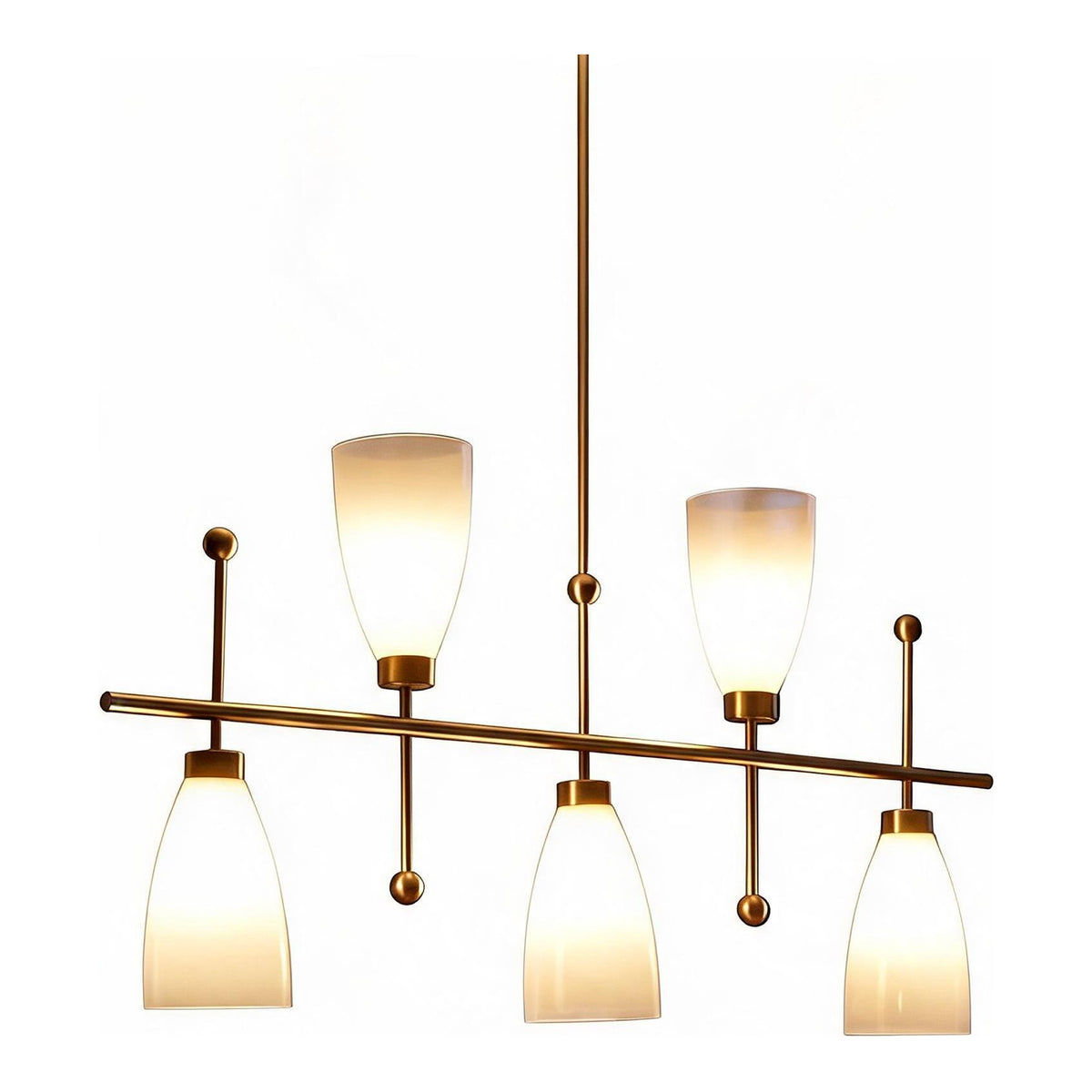 Five-Light Brushed Brass Linear Chandelier, Gradient Frosted Glass