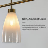 Five-light brushed brass chandelier with gradient frosted glass shade, shown from side angle