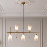Five-light brushed brass chandelier with gradient frosted glass shades, hanging in a room with ornate ceiling molding