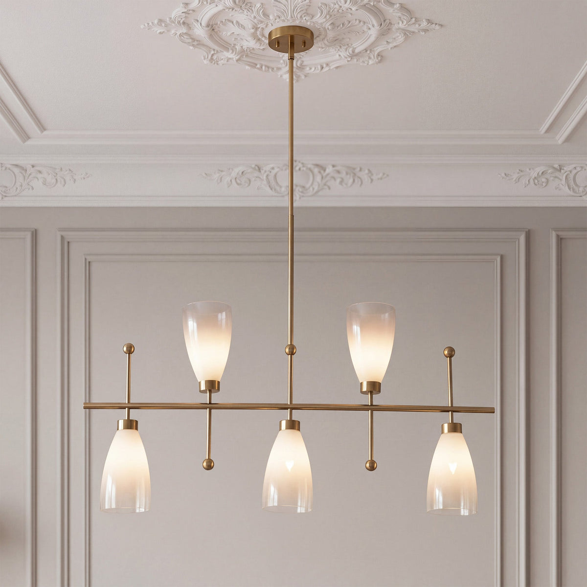 Five-Light Brushed Brass Linear Chandelier, Gradient Frosted Glass