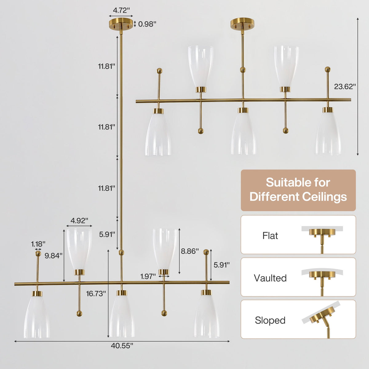 Five-light brushed brass linear chandelier with gradient frosted glass, 40.55" wide, 23.62" tall, shown with dimensions and ceiling mount options