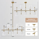 Five-light brushed brass linear chandelier with gradient frosted glass, 40.55" wide, 23.62" tall, shown with dimensions and ceiling mount options