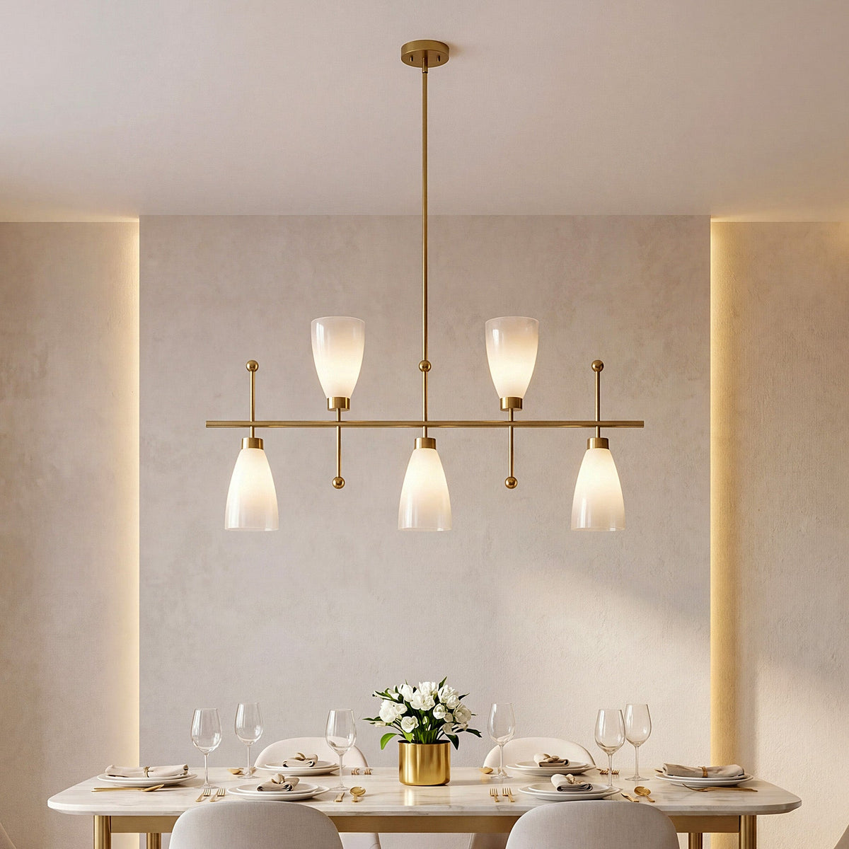 Five-Light Brushed Brass Linear Chandelier, Gradient Frosted Glass