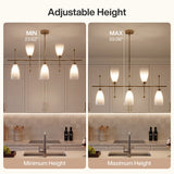 Five-light brushed brass chandelier with gradient frosted glass, shown at minimum height 23.62" and maximum height 59.06" in a kitchen