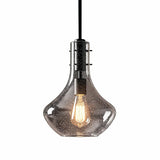 Black mini pendant light with speckled glass shade, shown from front angle