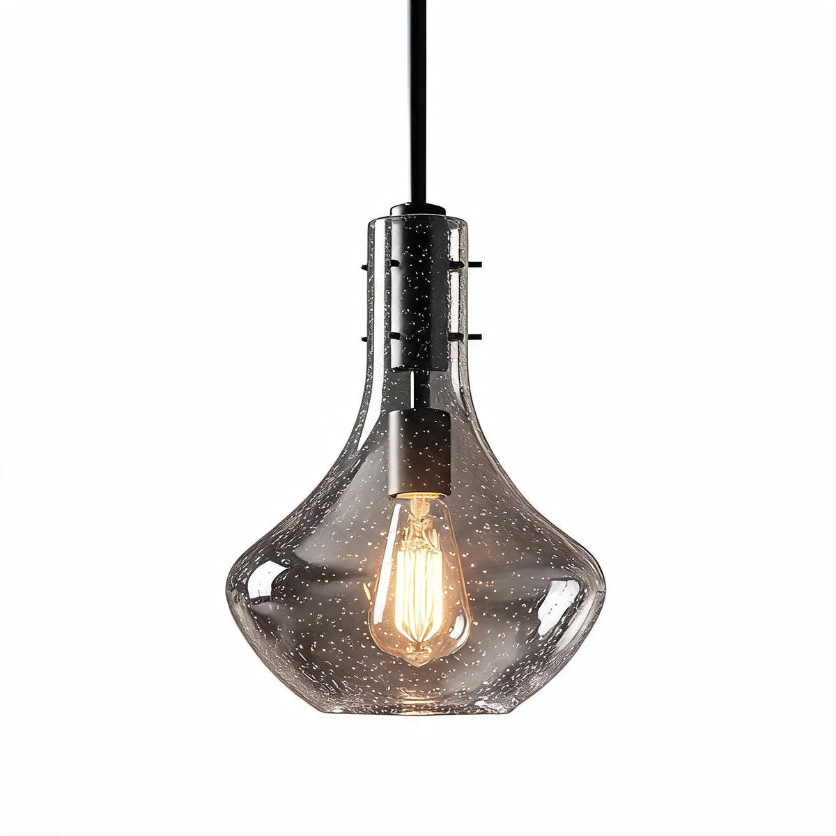 Black Mini Pendant Light with Bubble Glass Shade, Adjustable Height