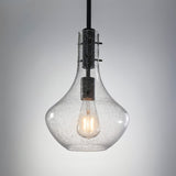 Black mini pendant light with bubble glass shade, shown from front angle