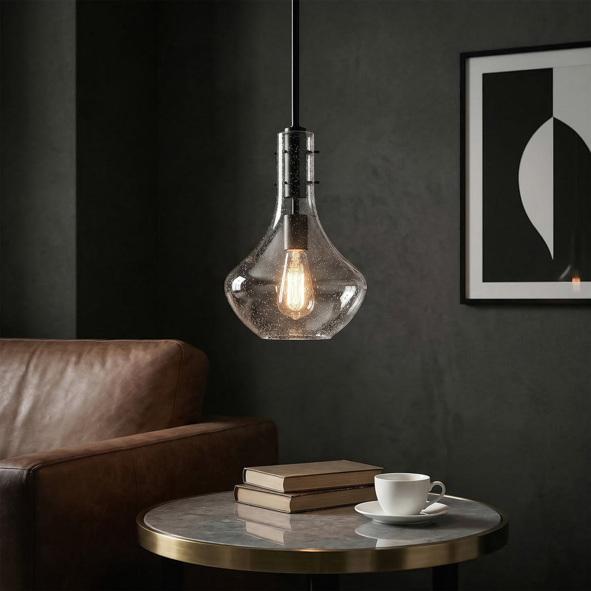 Black Mini Pendant Light with Bubble Glass Shade, Adjustable Height