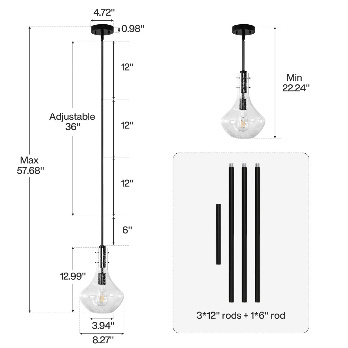 Black mini pendant light with bubble glass shade, adjustable height, 3*12" rods + 1*6" rod