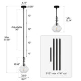 Black mini pendant light with bubble glass shade, adjustable height, 3*12" rods + 1*6" rod