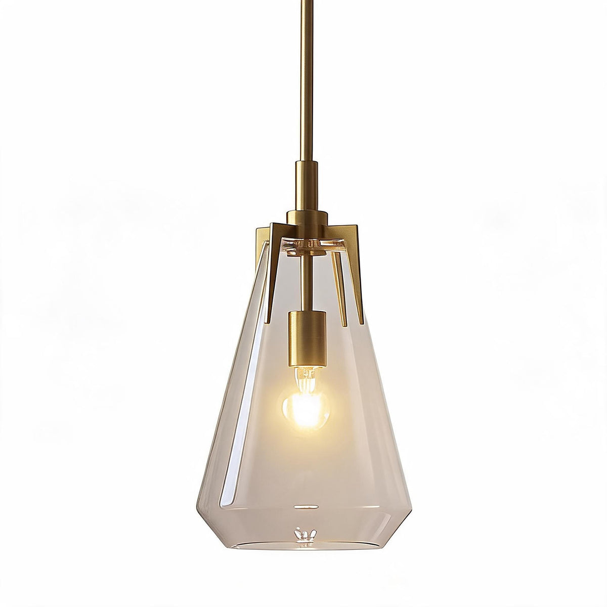 Gold pendant light with clear glass shade, shown from front angle