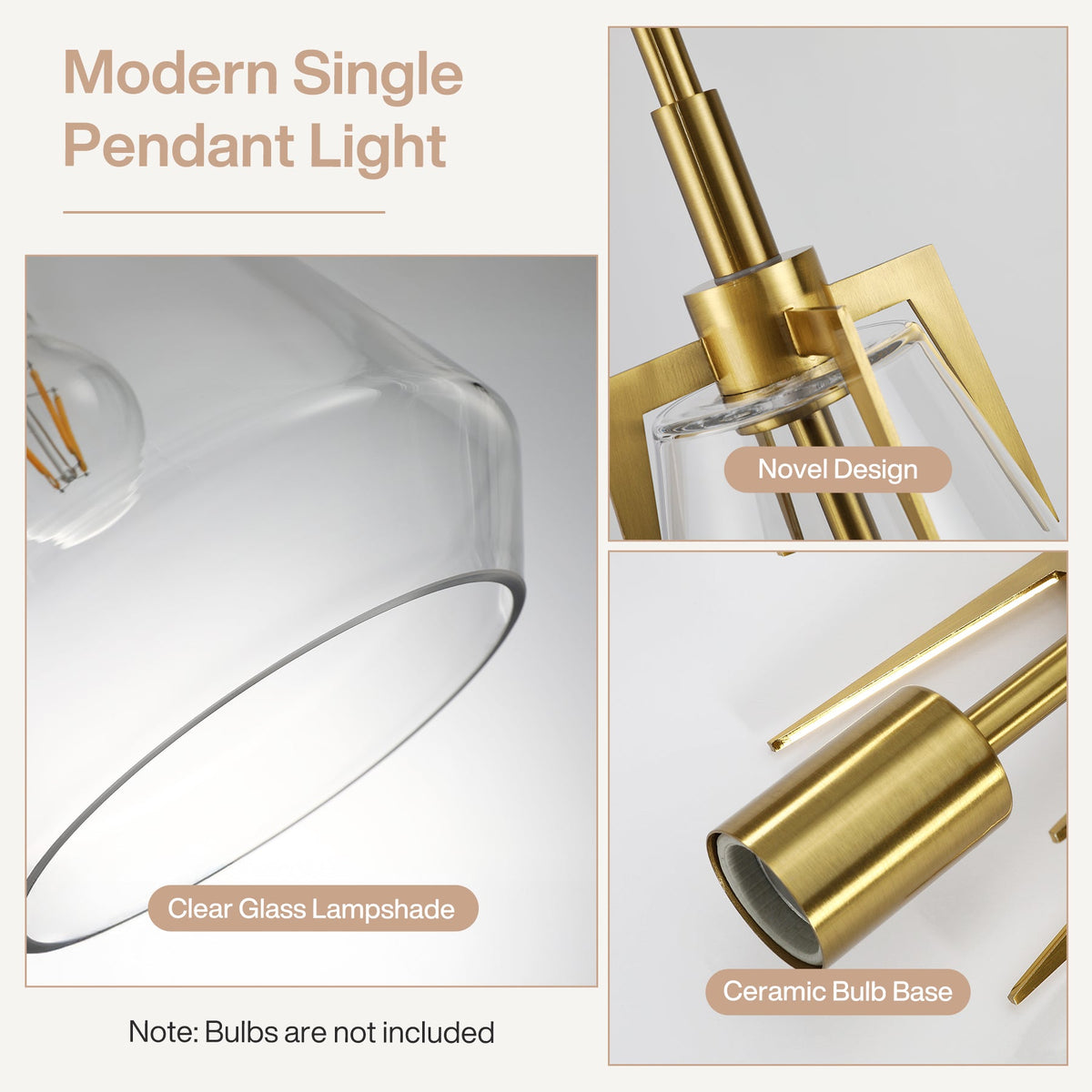 Close-up of gold pendant light with clear glass shade and ceramic bulb base
