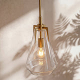Gold pendant light with clear glass shade, shown from side angle with plant shadow