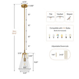 Gold pendant light with clear glass shade, showing dimensions and adjustable downrod options