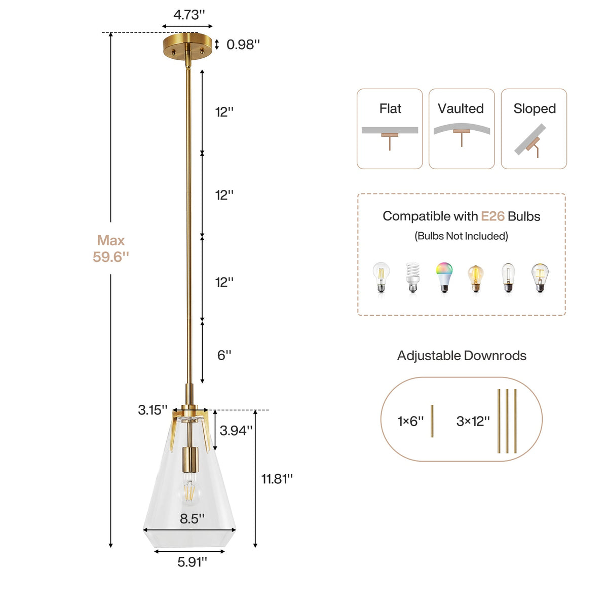Gold Pendant Light with Clear Glass Shade, Adjustable Downrods