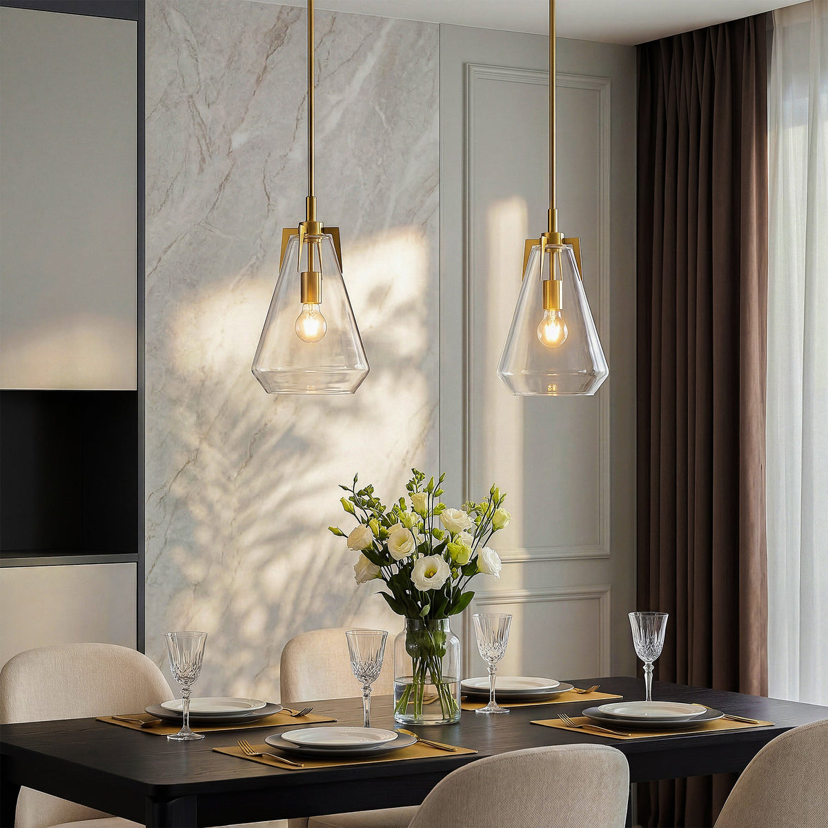 Gold Pendant Light with Clear Glass Shade, Adjustable Downrods