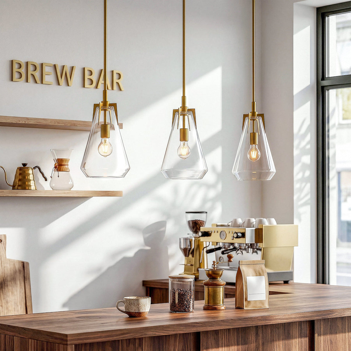 Three gold pendant lights with clear glass shades hang over a wooden coffee bar