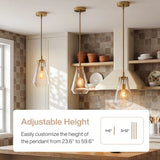 Three gold pendant lights with clear glass shades hang over a kitchen island, adjustable height shown as 23.6" to 59.6"