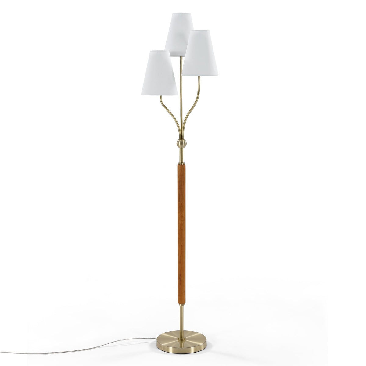 Gold floor lamp with three white shades and rubberwood handle, viewed from side