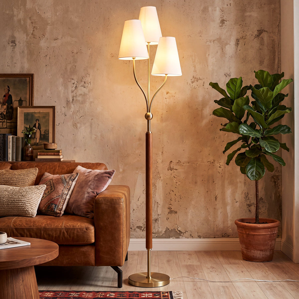 Gold Three-Head Floor Lamp with Linen Shades and Rubberwood Handle