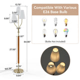 Gold three-head floor lamp with linen shades and rubberwood handle, 64.96" tall, showing bulb compatibility chart