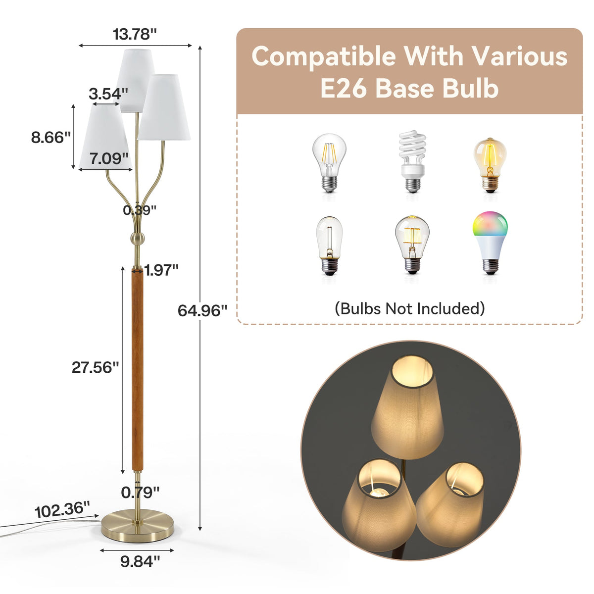 Gold Three-Head Floor Lamp with Linen Shades and Rubberwood Handle