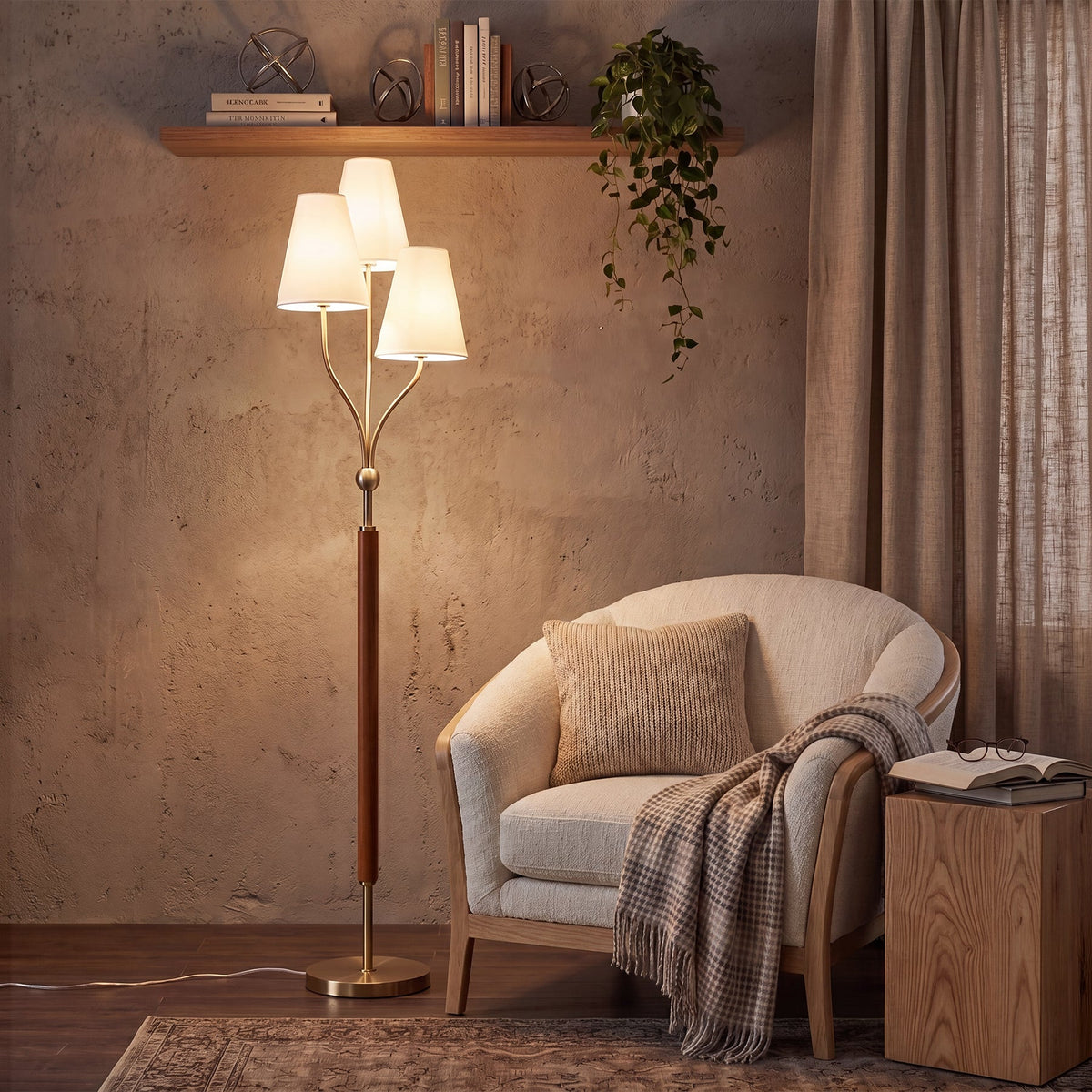 Gold floor lamp with three linen shades and rubberwood handle, angled in a cozy room setting