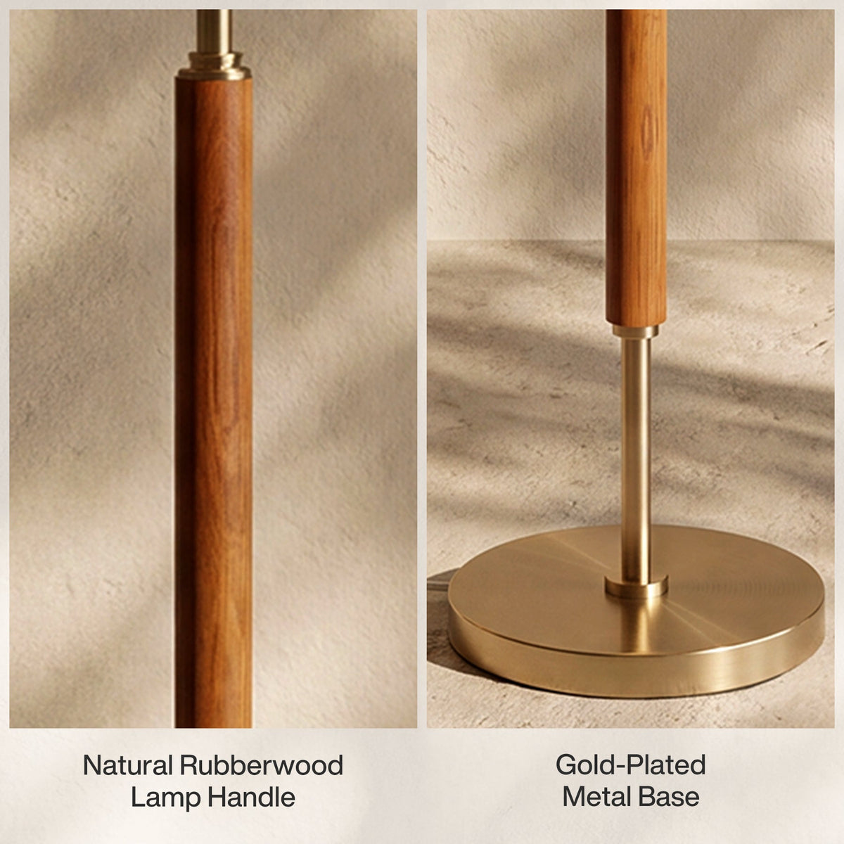 Close-up of gold-plated metal base and natural rubberwood lamp handle