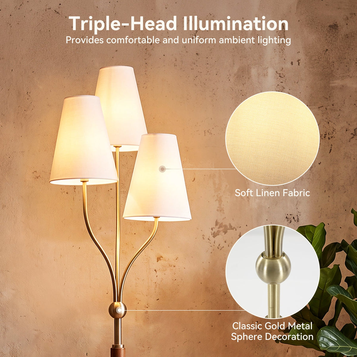 Gold floor lamp with three linen shades and rubberwood handle, shown at an angle against textured wall
