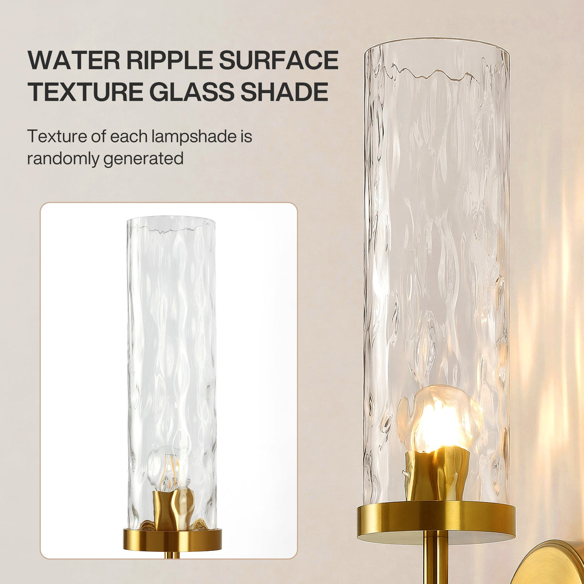 Gold wall sconce with water ripple glass shade, lit, shown at angle