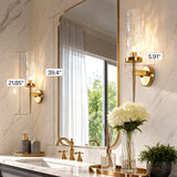 Gold wall sconces with water ripple glass, shown in bathroom with mirror and sink, 21.85" tall, 5.91" wide