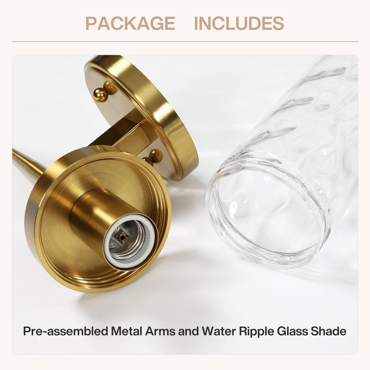 Gold wall sconce with pre-assembled metal arms and water ripple glass shade, shown from an angled view