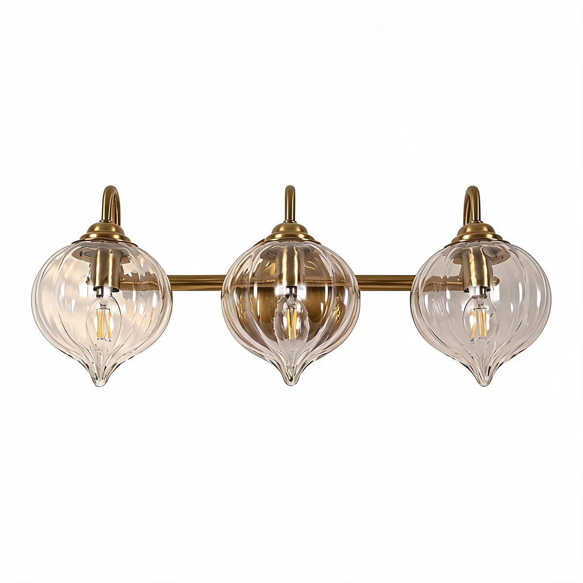 Gold Bathroom Vanity Light, Three-Light Pumpkin Glass Shades, Damp Rated