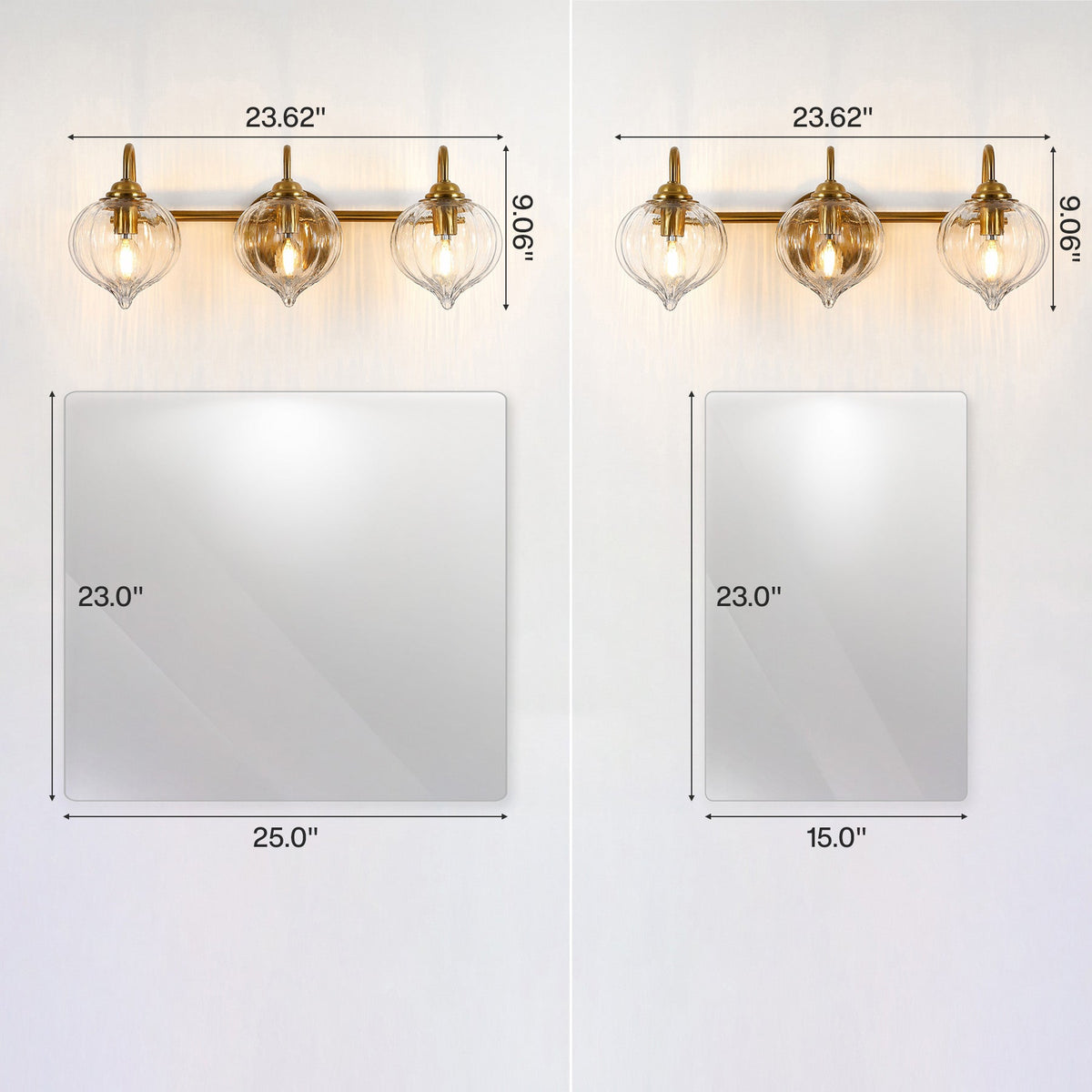 Gold bathroom vanity light with three pumpkin glass shades, 23.62" wide, shown above two mirror sizes