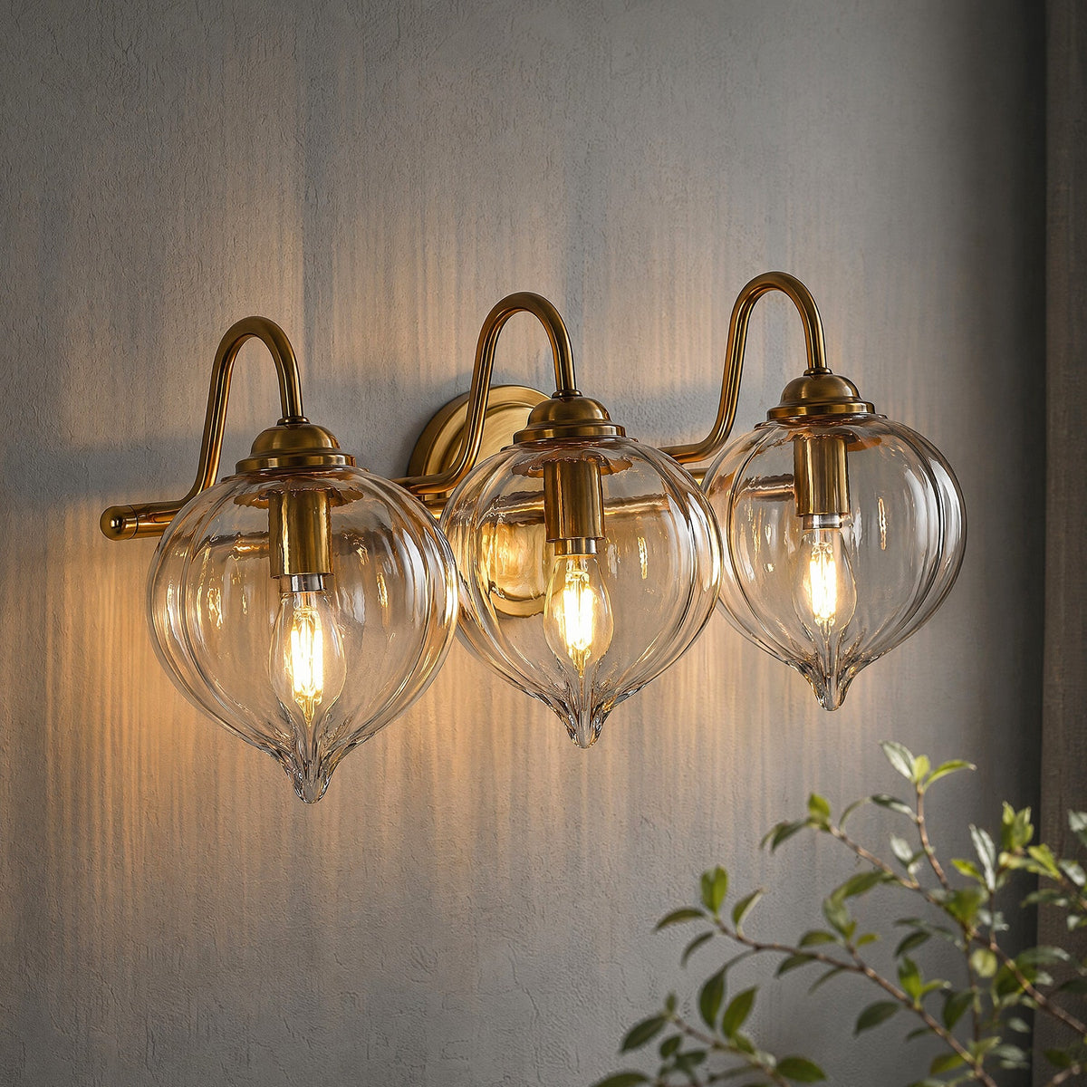 Gold Bathroom Vanity Light, Three-Light Pumpkin Glass Shades, Damp Rated