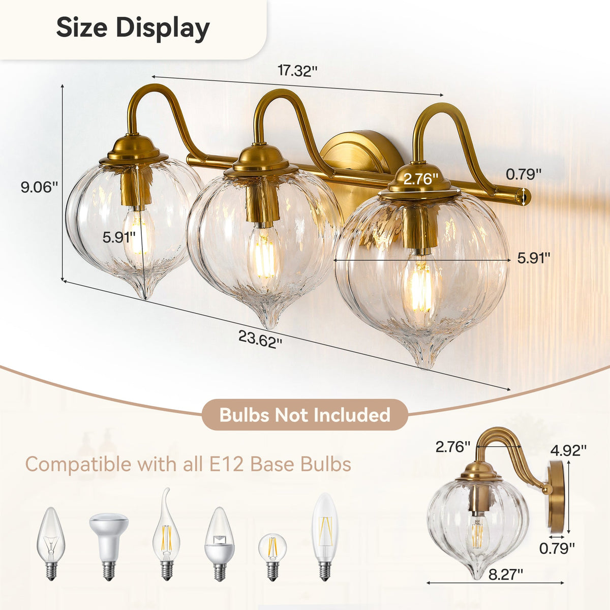 Gold Bathroom Vanity Light, Three-Light Pumpkin Glass Shades, Damp Rated