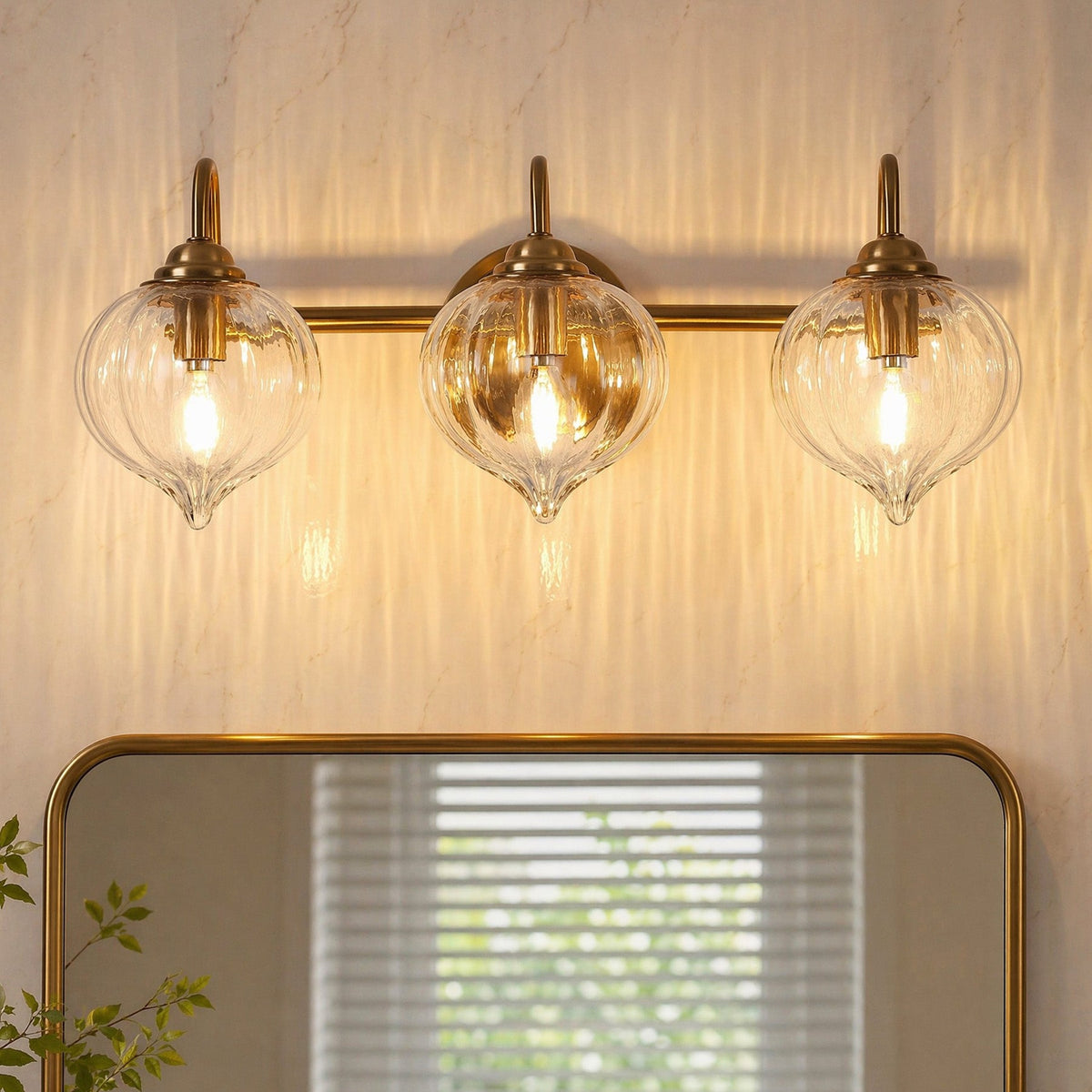 Gold Bathroom Vanity Light, Three-Light Pumpkin Glass Shades, Damp Rated