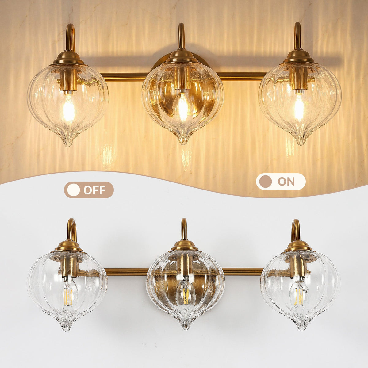 Gold bathroom vanity light with three pumpkin-shaped glass shades, shown on and off
