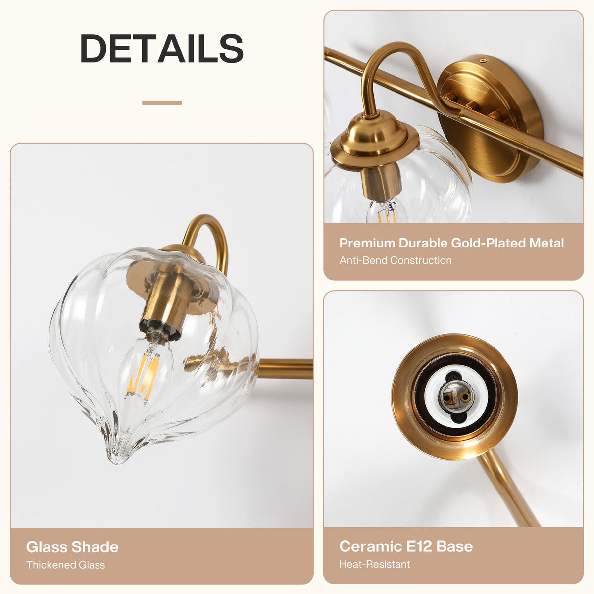Gold bathroom vanity light with pumpkin-shaped glass shades, shown at an angle