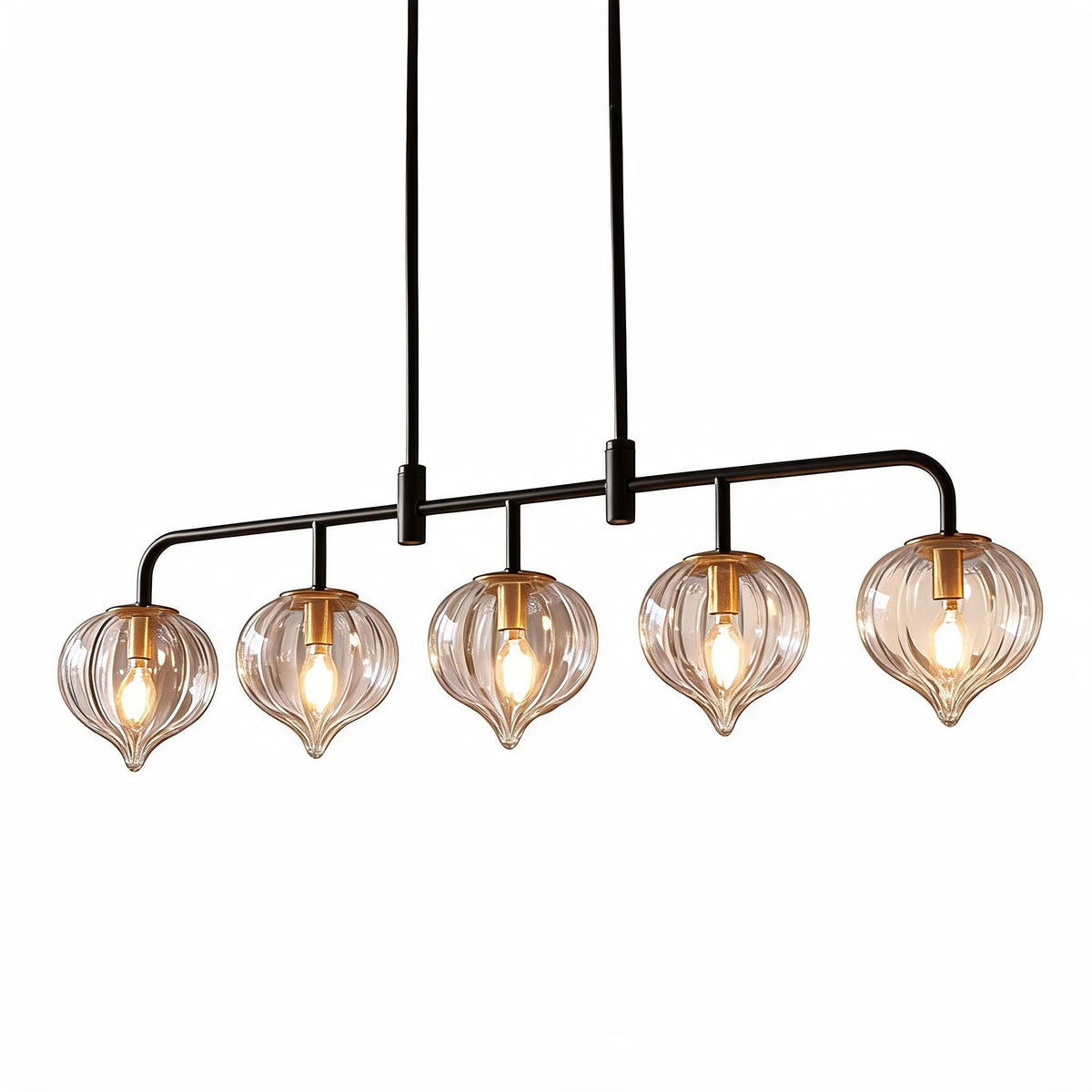 Five-Light Linear Kitchen Island Light, Clear Ribbed Glass, Black