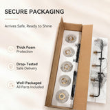 Five-light linear kitchen island light with clear ribbed glass shades and black metal frame, shown in open packaging