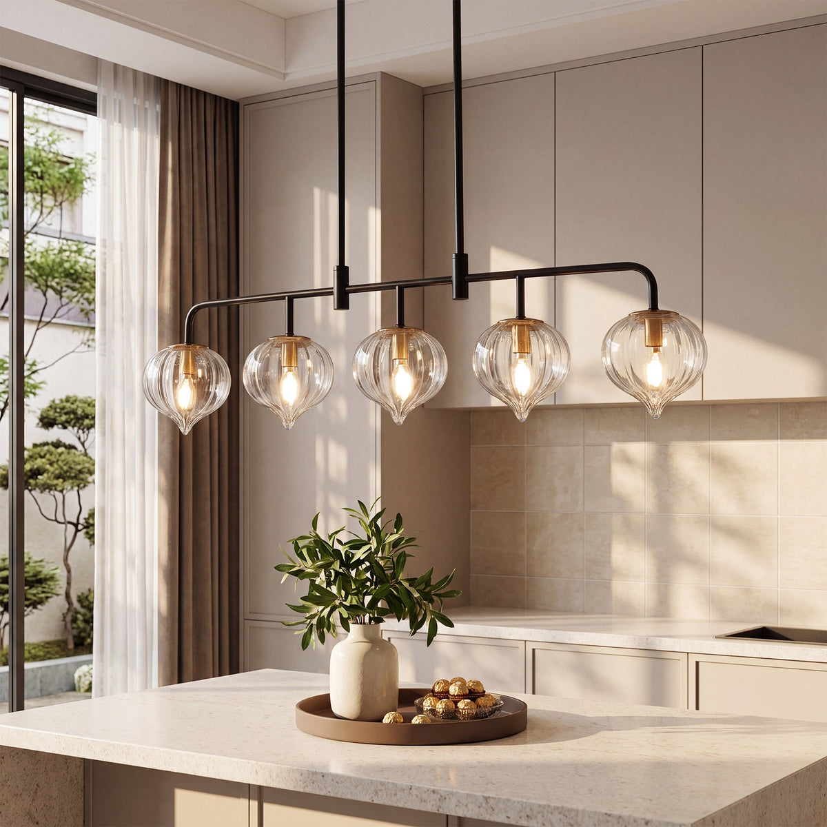 Five-Light Linear Kitchen Island Light, Clear Ribbed Glass, Black