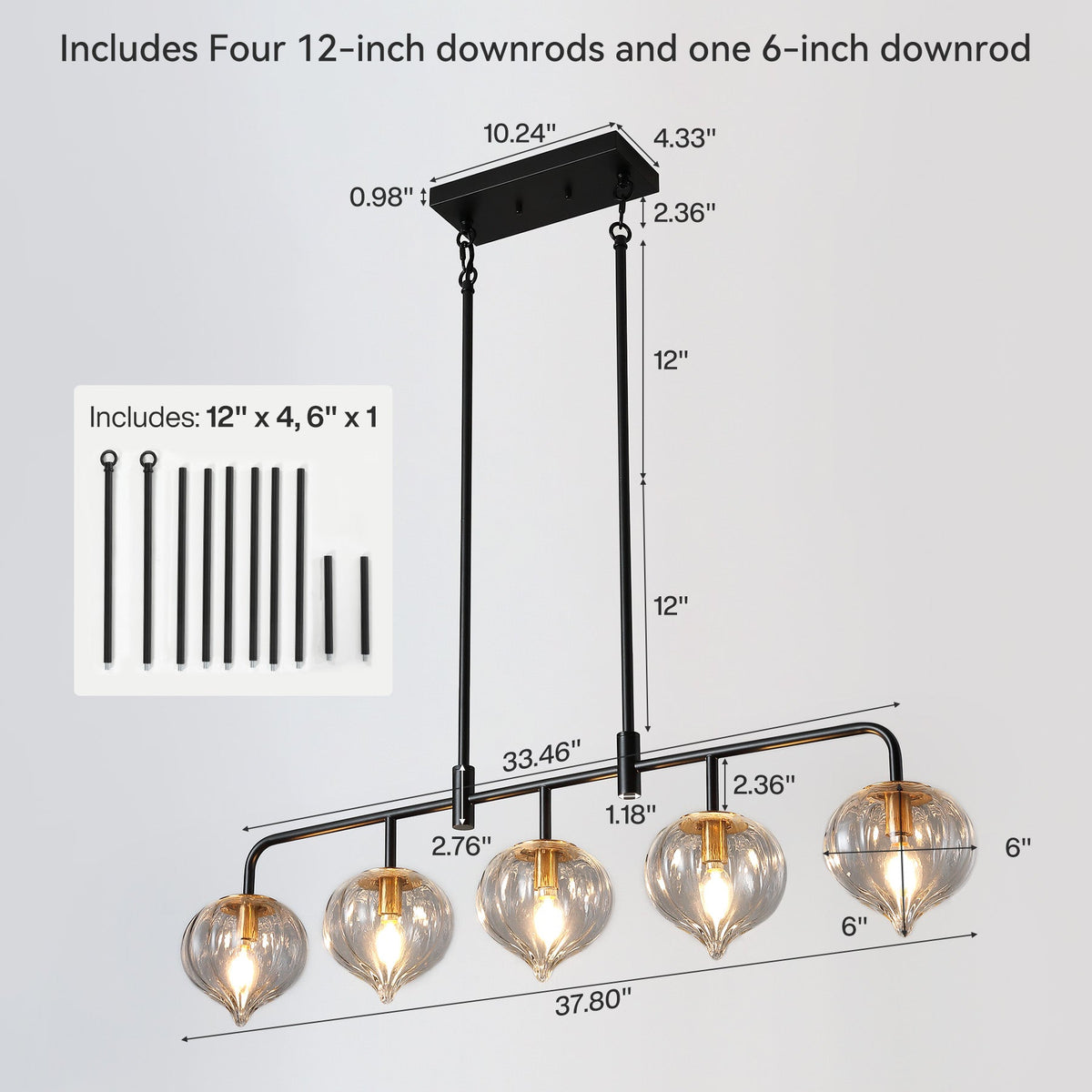 Five-Light Linear Kitchen Island Light, Clear Ribbed Glass, Black