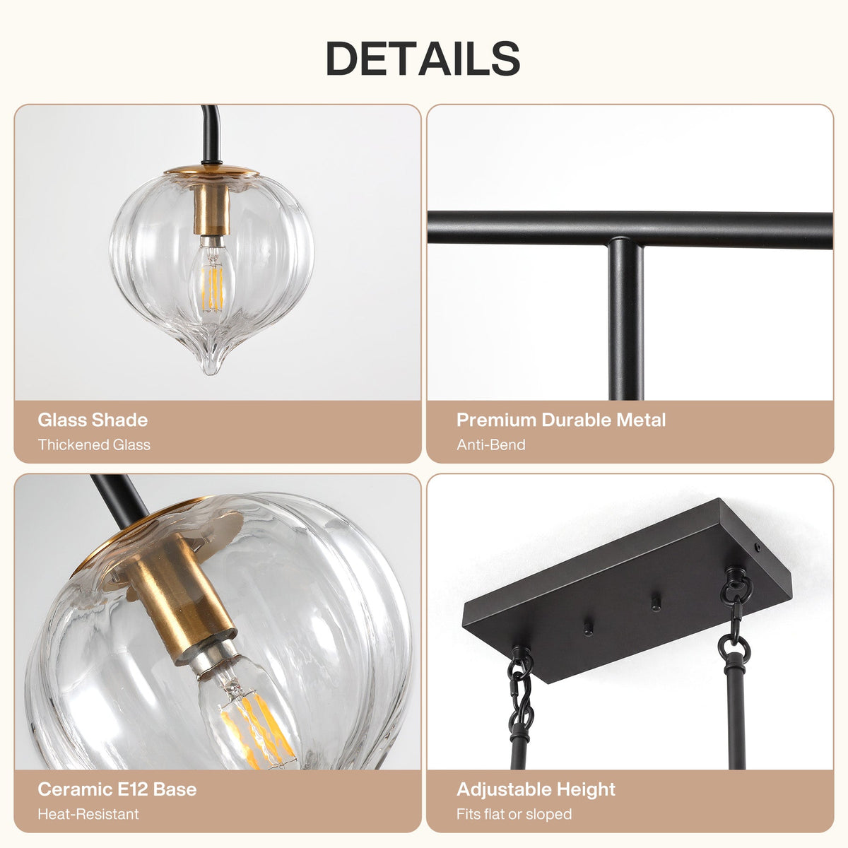 Five-light linear kitchen island light with clear ribbed glass and black metal frame, shown from top angle