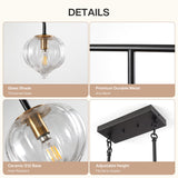 Five-light linear kitchen island light with clear ribbed glass and black metal frame, shown from top angle